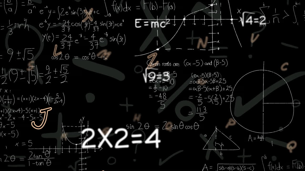 Animation of moving mathematical formulas on dark background