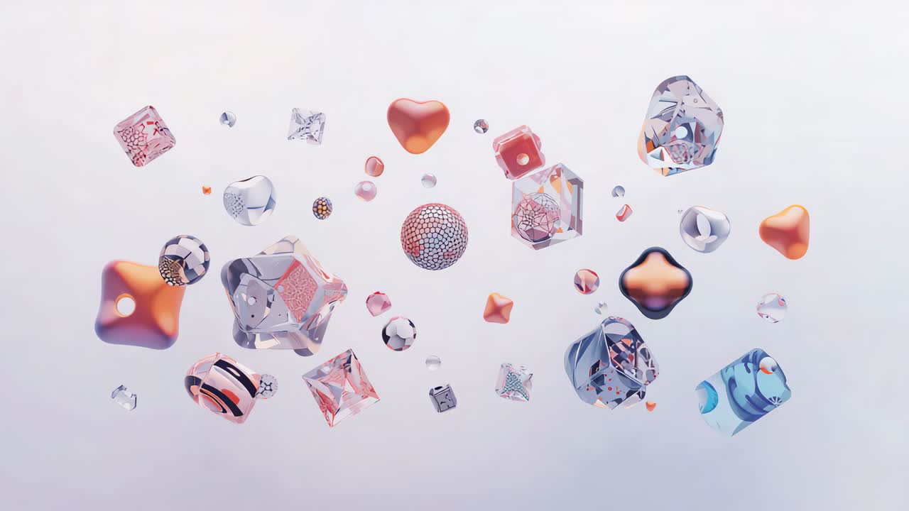 Playback starting, 3D shapes rotating and shifting in studio, showing coral heart, honeycomb sphere