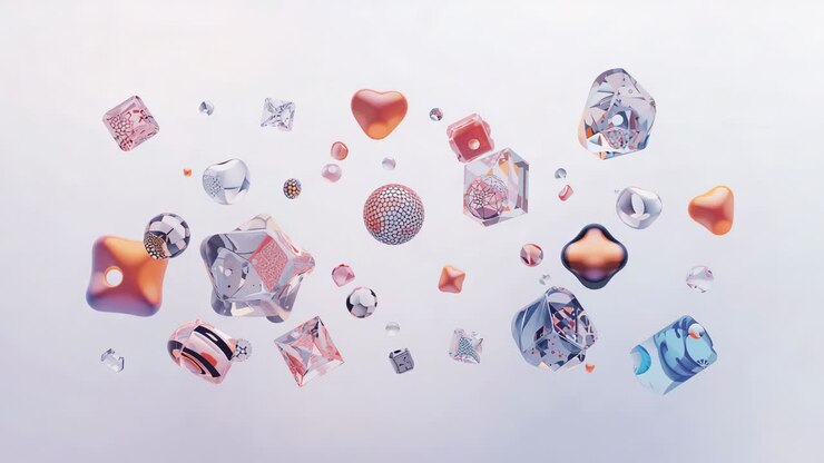 Playback starting, 3D shapes rotating and shifting in studio, showing coral heart, honeycomb sphere