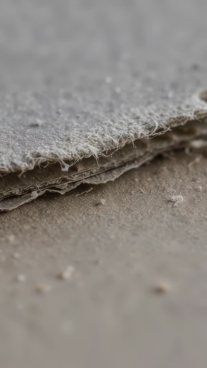 Vertical video: Moving camera showing frayed board sample on table, exposing small tear and dust