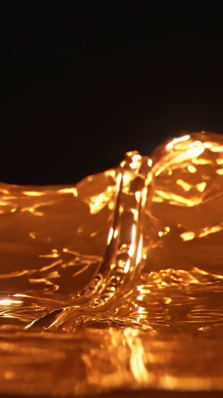 Vertical video: Creating amber liquid ridge as narrow stream hitting pool under warm key light