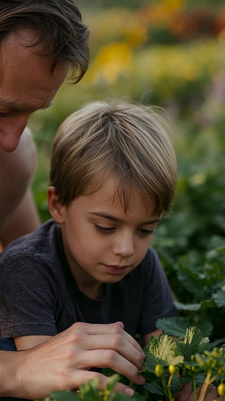 Video verticale: un bambino che tocca gli steli in giardino nota delle gemme gialle, il papà a torso nudo lo guida e gli insegna