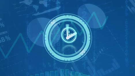 Animation-of-moving-clock-over-graph-and-data-processing