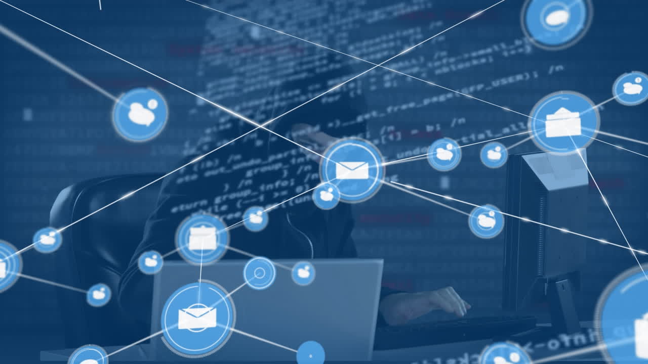 animación de mensajes conectados y íconos de burbujas de voz, hacker informático caucásico usando computadora