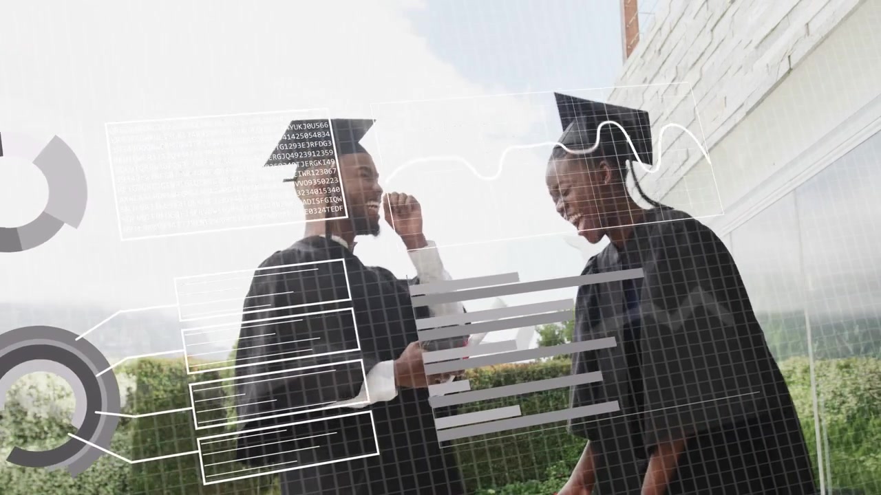 To dimittender møder blikke, udveksler diplomer og giver hånd, mens data-HUD indrammer ansigter.