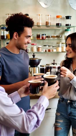 diverse people standing and chatting over coffee in a cafe.