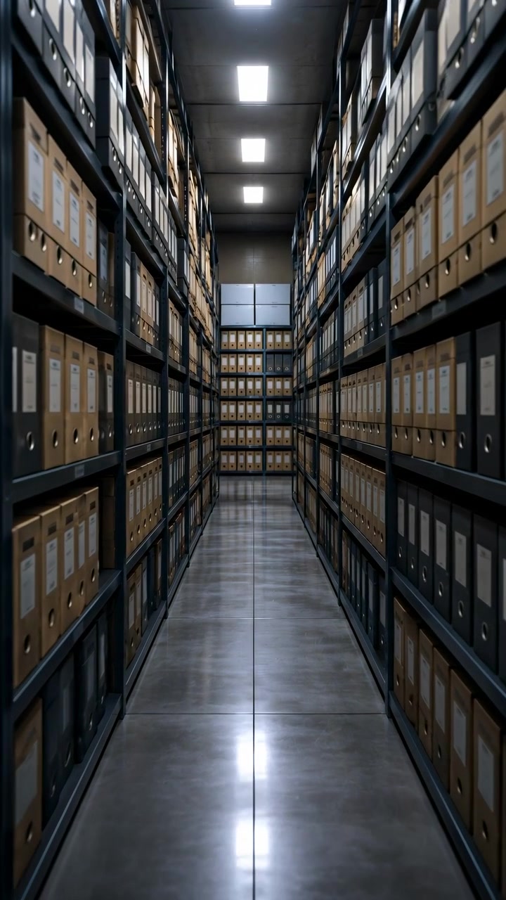 Vista centrata lungo uno stretto corridoio di archivio fiancheggiato da alte scaffalature metalliche, scatole di archiviazione etichettate e luminose luci a soffitto, creando un ambiente pulito e simmetrico