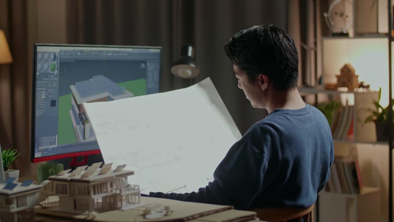 건축가가 밤에 건물 설계 작업을 하고 있습니다.