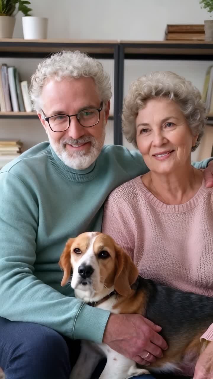 Relaxed senior couple with beagle cute dog on cozy sofa.