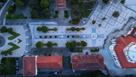 Top-down-view-Bom-Jesus-Sancturay-and-Stairwell-reaveal-of-Braga-city-in-northern-portugal,-aerial-sho