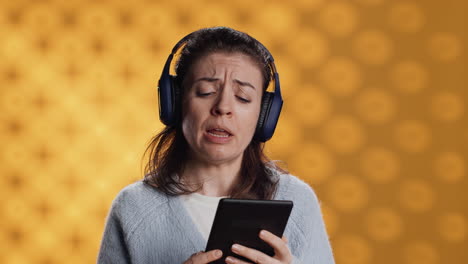 actor de voz frunjea el ceño mientras lee ebook, retratando personaje, fondo de estudio