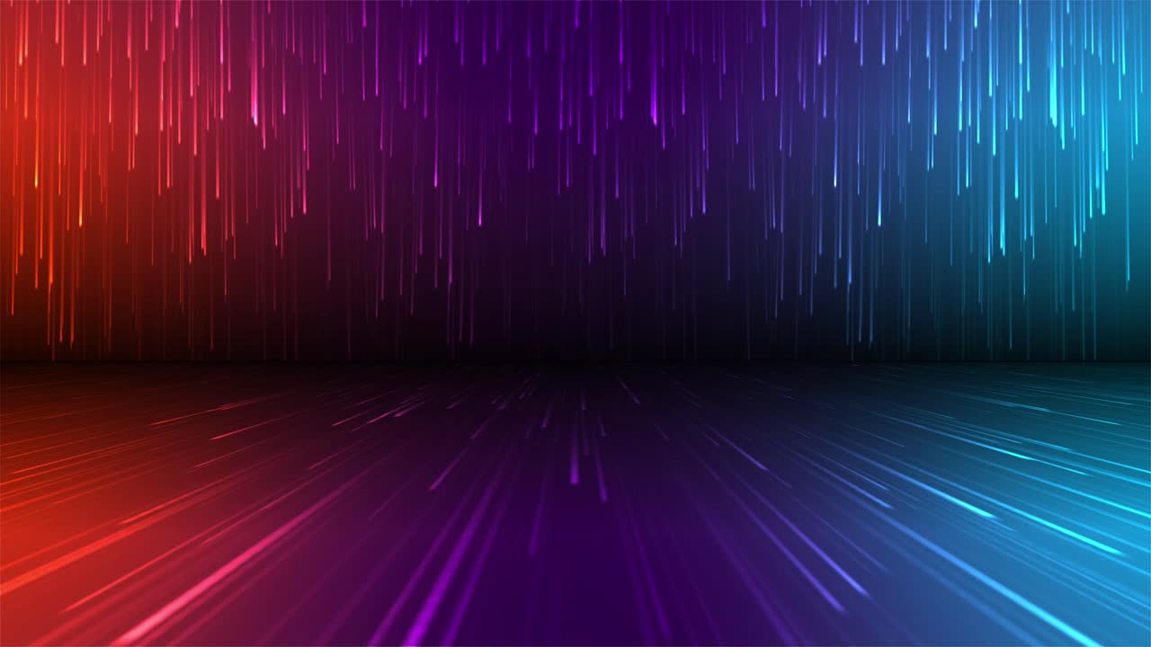 Animation of glowing colorful red blue and purple lines moving on floor and wall simulating fiber connections