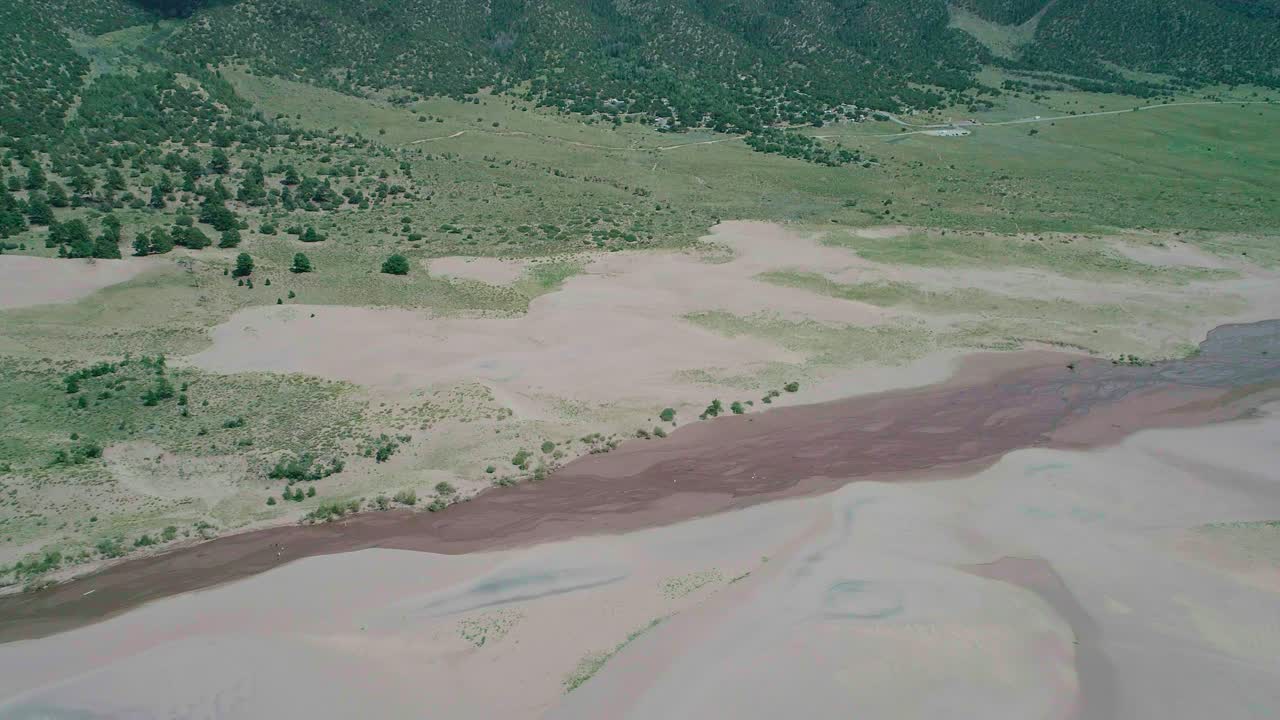 vista aérea de un río rojo que separa el suelo de arena y el suelo de hierba en colorado