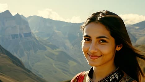 una mujer sonriente disfrutando de las vistas a las montañas.