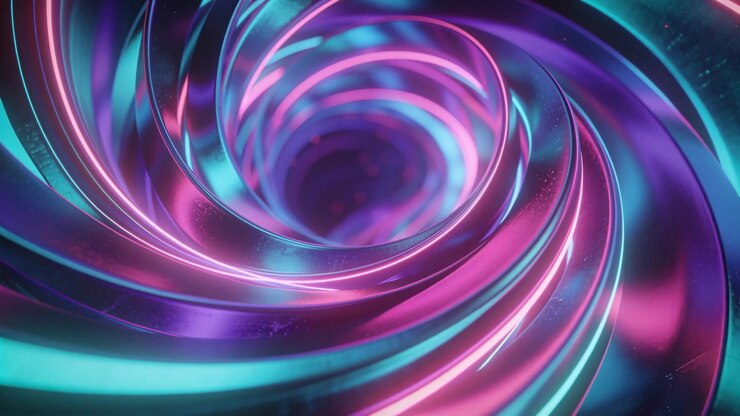 La telecamera avanza in un tunnel a nastro a spirale metallico che ruota verso un vuoto centrale, con bande ciano e magenta.