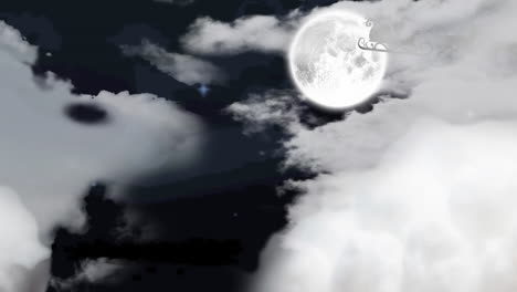 animación de santa claus en trineo con renos sobre nubes y luna