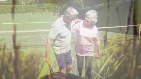 composite of happy caucasian senior couple embracing after tennis, with grass and nature