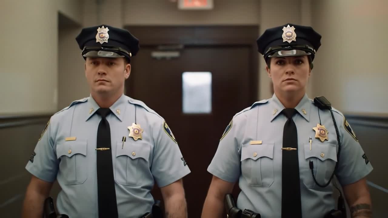 Two police officers walk confidently through a doorway while preparing to address a situation. Their demeanor reflects professionalism, as they are likely responding to an ongoing issue.