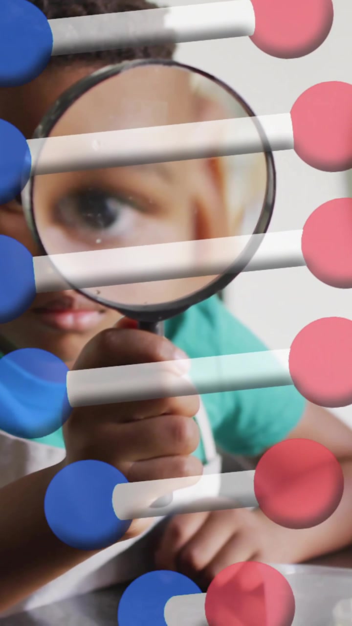 Animation of dna strand over african american boy with magnifying glass in laboratory