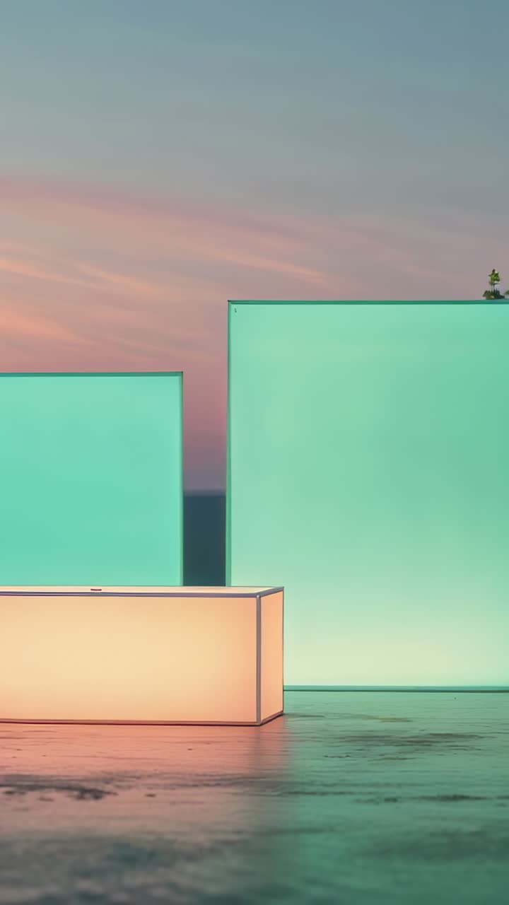 Vertical video: camera capturing glowing light panels reflecting on floor at dusk, with pastel sky