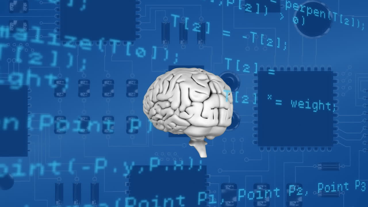 컴퓨터 회로판에 회전하는 회색 뇌