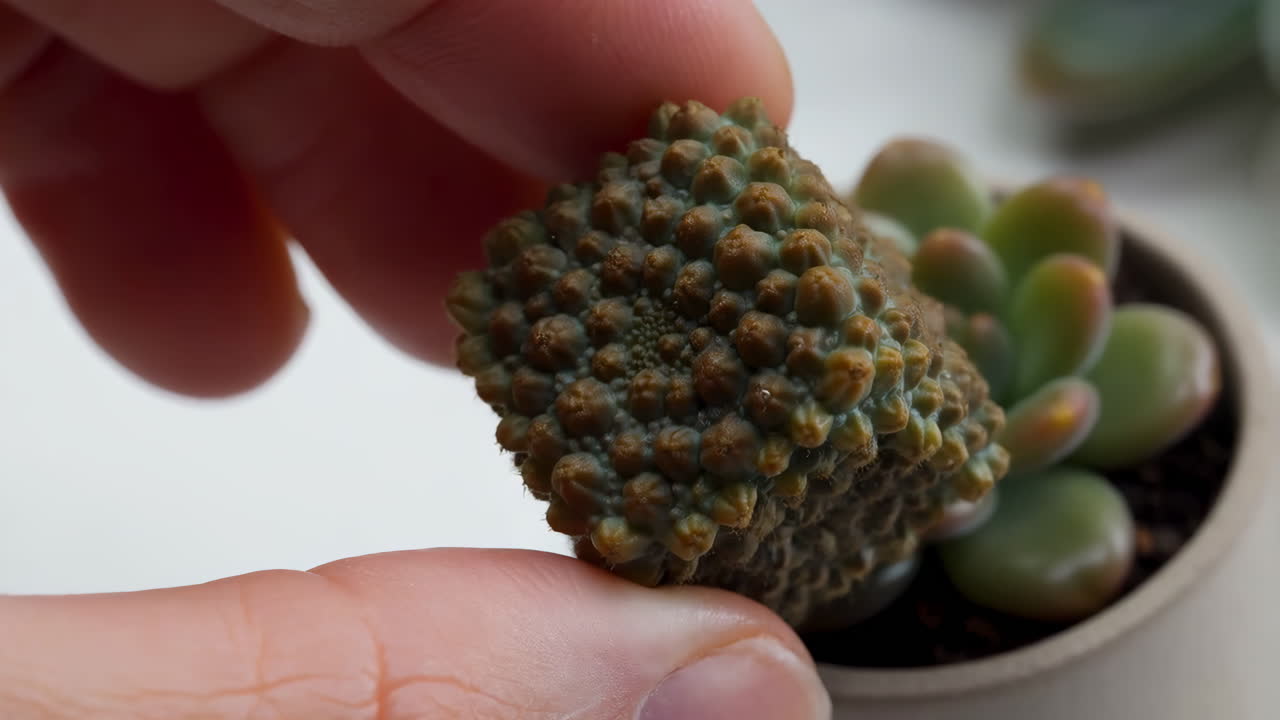 Close-up of a hand holding a uniquely textured succulent plant