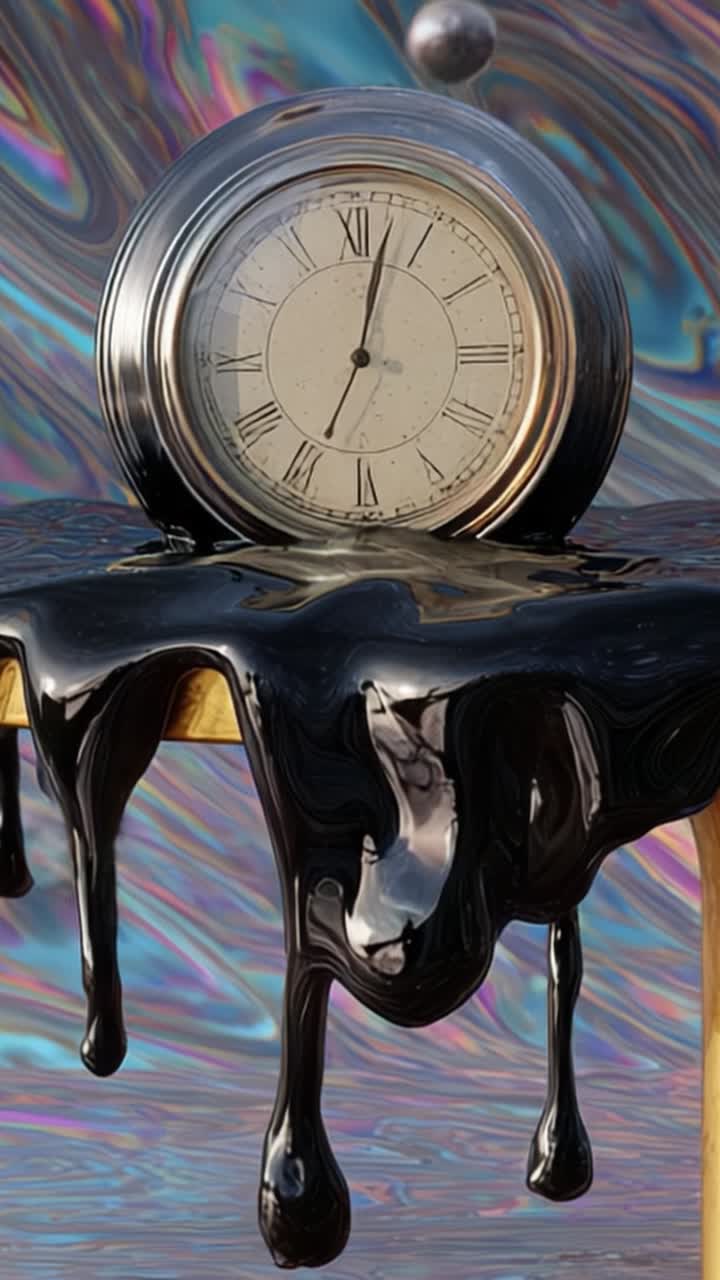 Surreal schmelzende Uhr auf einem lebendig abstrakten Hintergrund: Eine künstlerische Darstellung von Zeit und Fluidität, festgehalten in atemberaubenden visuellen Details.