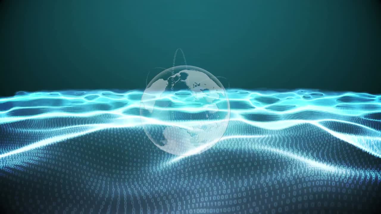 Animation of globe over waves on black background