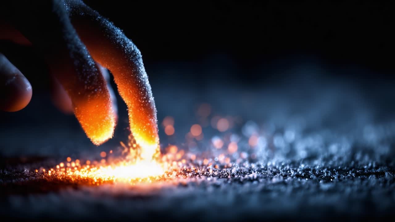 L'incanto delle particelle scintillanti: un primo piano che mostra dita che smuovono una superficie, rivelando polvere luminescente ed effetti di luce magici in un ambiente buio.