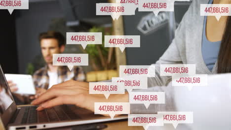 animation of people using laptop and digital tablet over numbers in speech bubbles