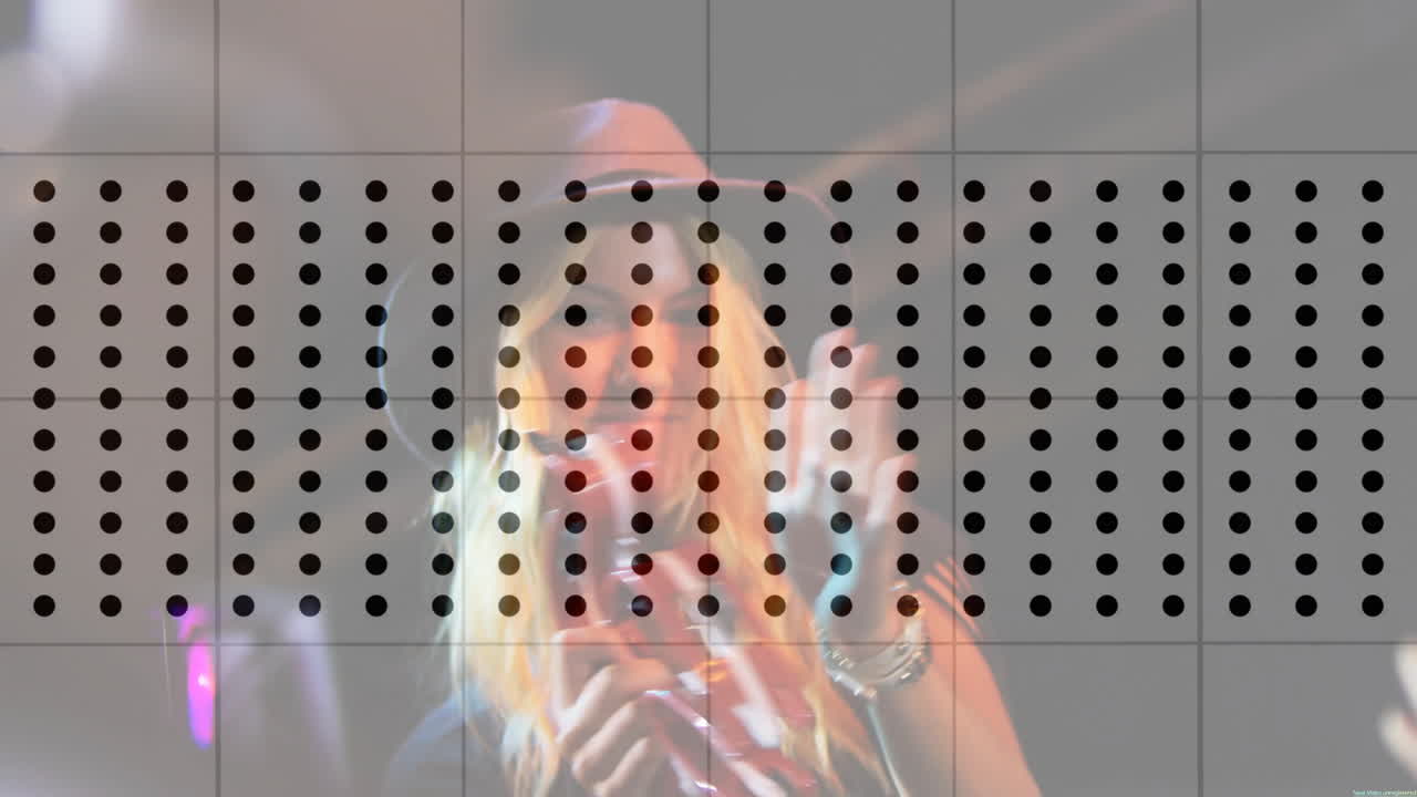 woman musician playing tambourine on red lit stage, blending audio waveform with glowing spotlight