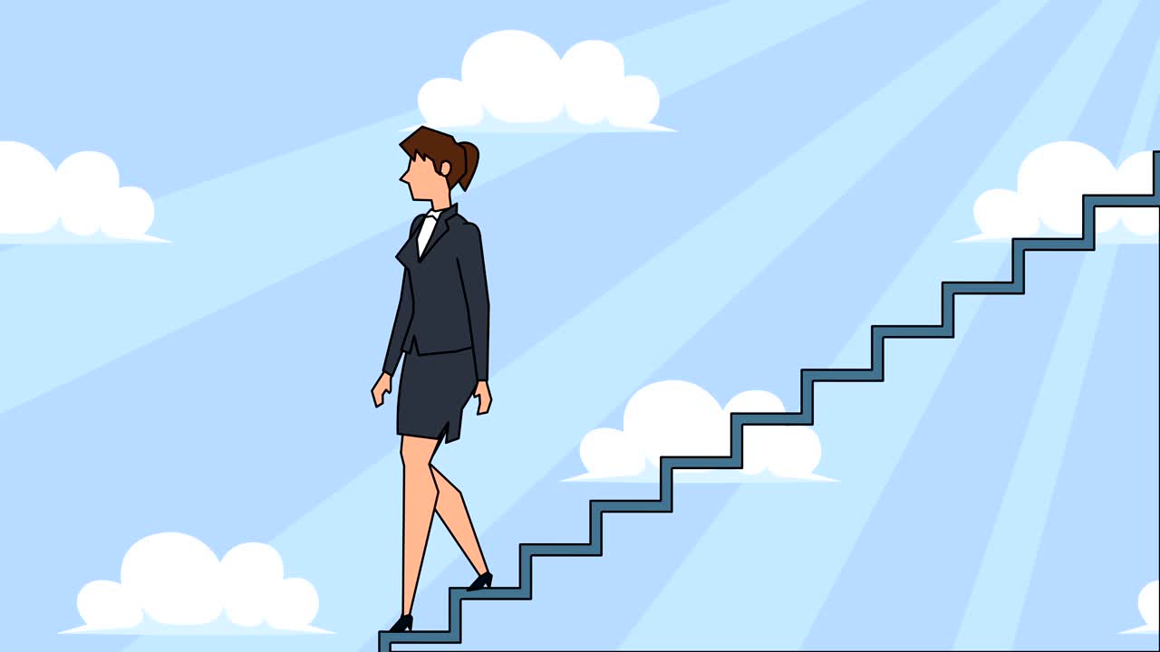 personaje de mujer de negocios de dibujos animados plana baja por la escalera de la carrera escaleras de concepto de animación