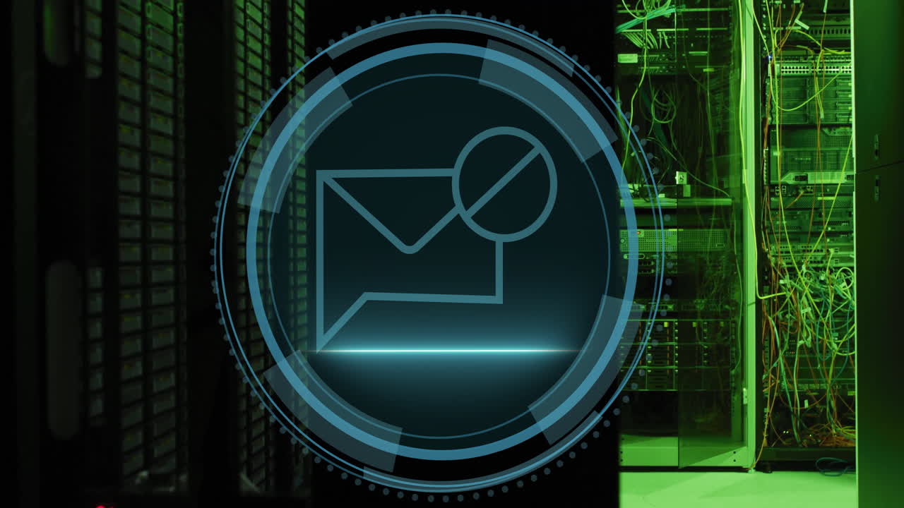 In server room with green lighting, email icon with prohibition symbol displayed