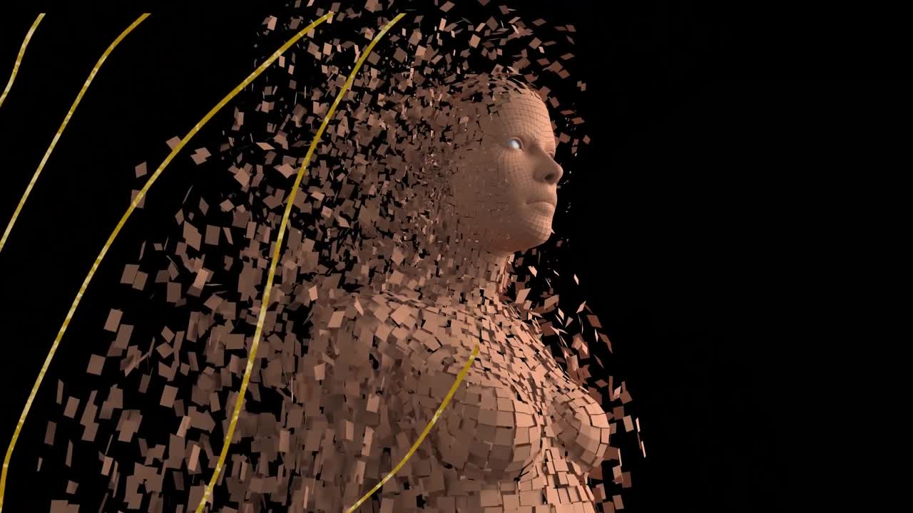 анимация световых следов и цифрового человека на черном фоне