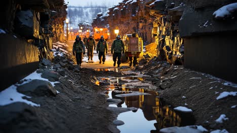 workers navigate a rocky tunnel in winter while performing essential tasks