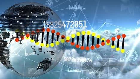 animation of globe, dna strand, networks of connections and data processing over clouds and sky