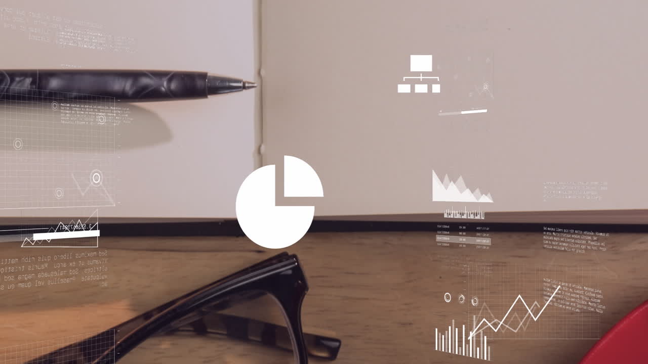 Data visualization graphics showing pie chart and line graphs overlaying wooden desk scene