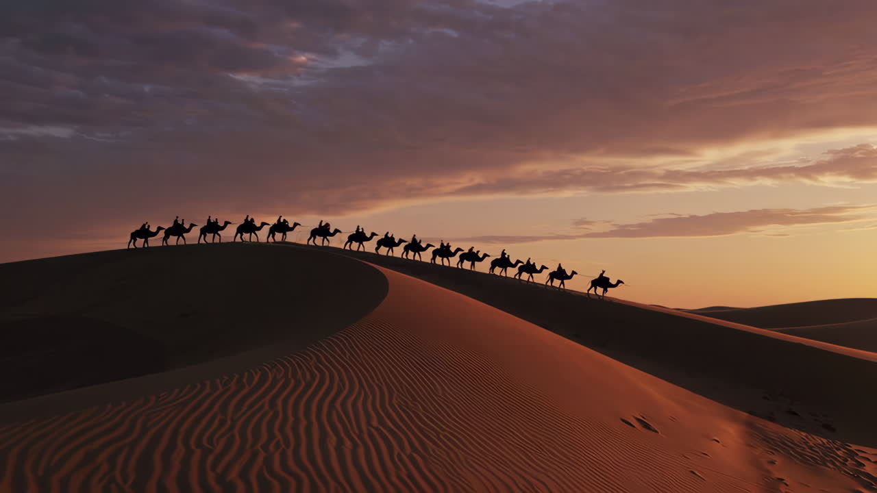 Camel Caravan at Sunset in the Desert
