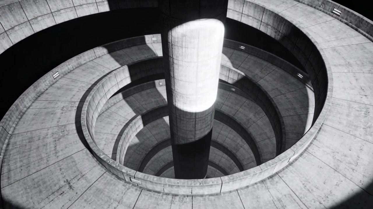 Rotating camera circling concrete spiral ramp on rooftop, highlighting shifting crescent on column