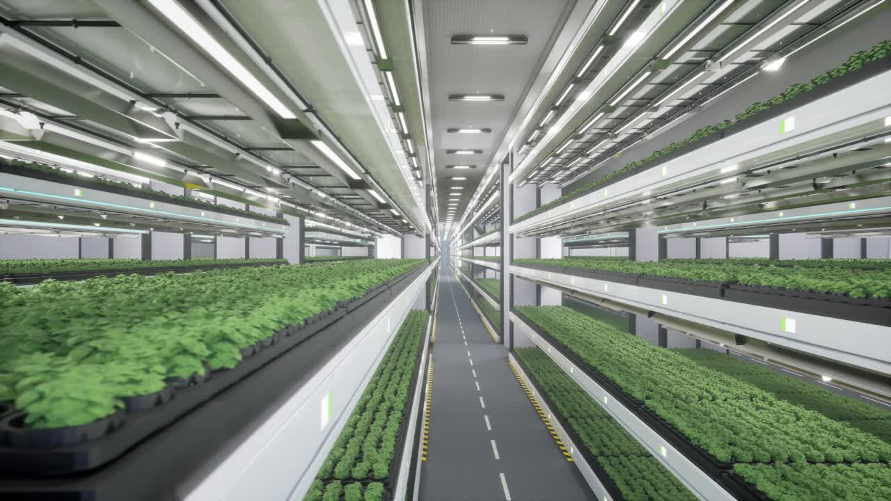 Fattoria verticale moderna con piante idroponiche e illuminazione a LED