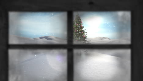 animation of snow falling over christmas tree and winter scenery seen through window