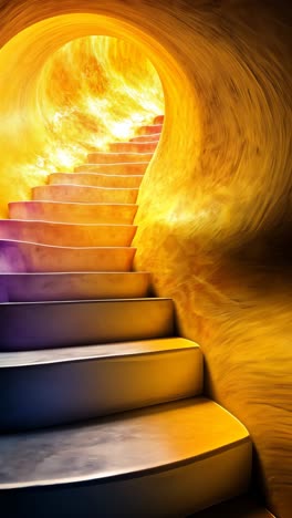 colorful spiral staircase leading to a bright, glowing entrance