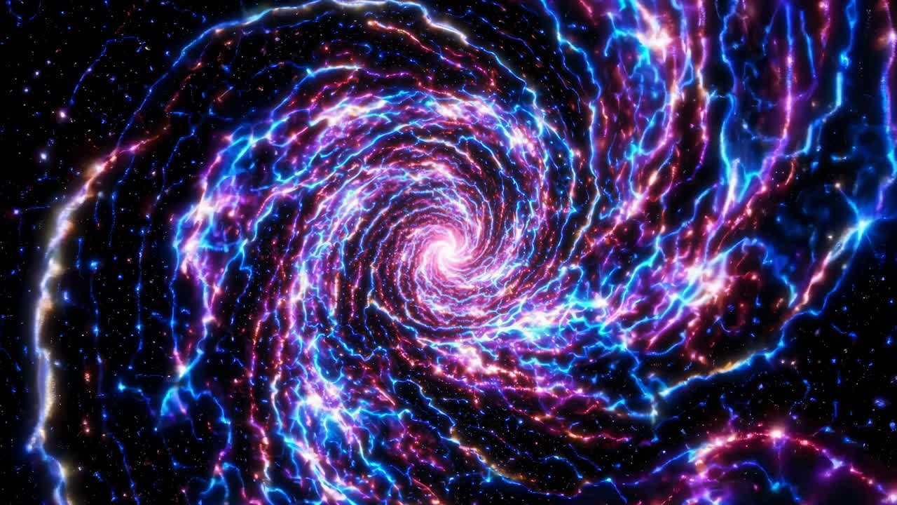 A mesmerizing spiral galaxy with vibrant neon colors, captured from a top-down angle