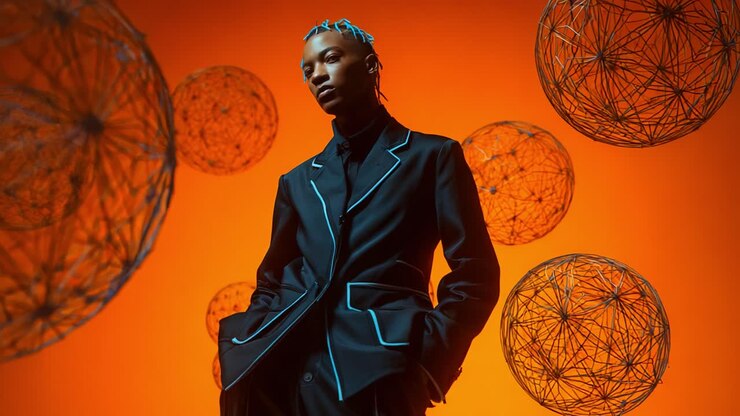 A striking fashion portrait featuring a model in a stylish black suit with geometric wire sculptures against a vibrant orange backdrop, embodying modern elegance and contemporary design aesthetics