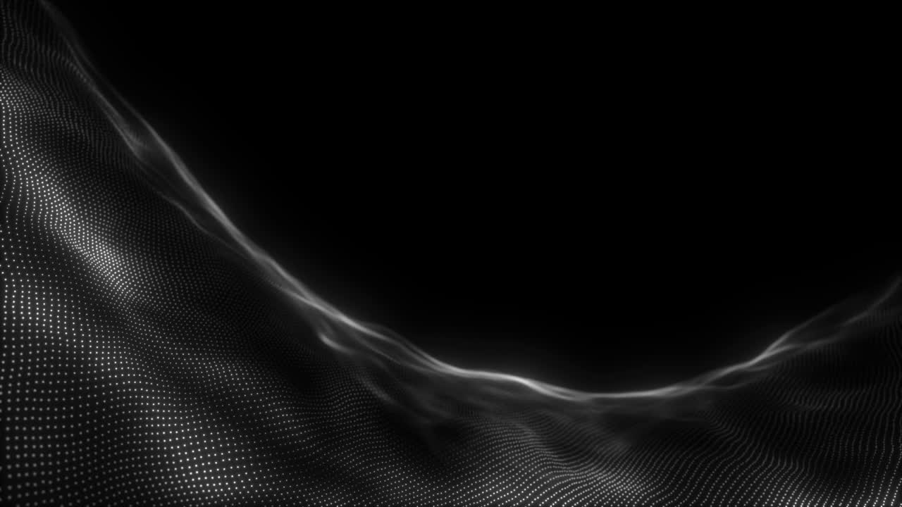 A digital landscape of white particles forms a flowing, wavy grid on a black background. For technology, data, or sci-fi concepts. Seamless loop