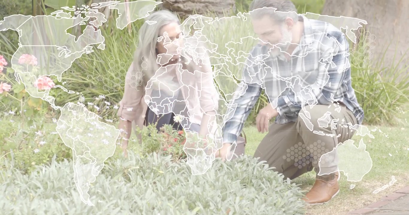Pareja de jardineros saliendo del camino, plantando una planta roja con una regadera, y tijeras podando el follaje.