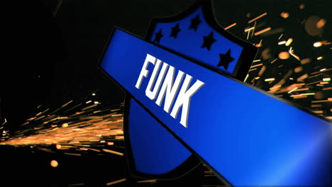 animation of funk text on shield over fireworks on black background