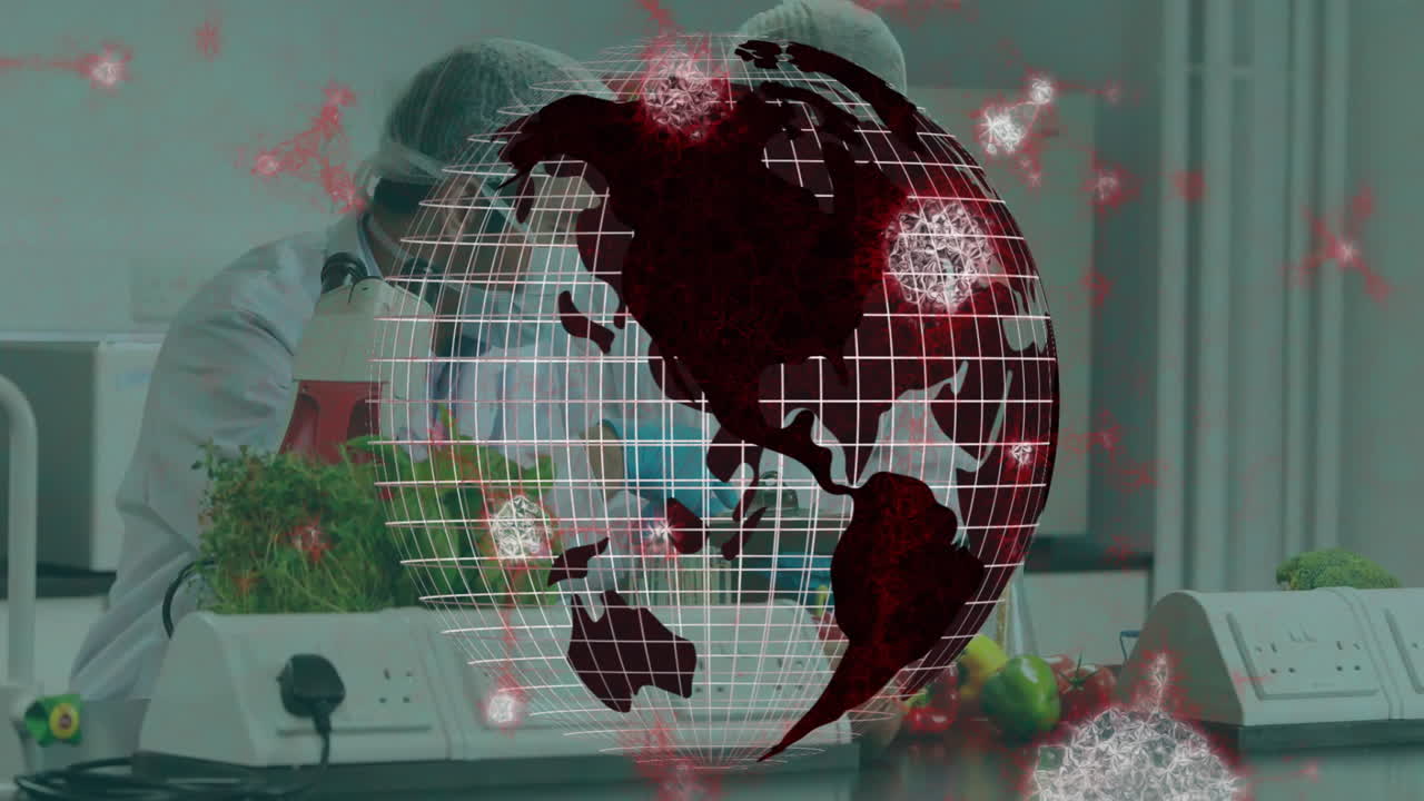 Scientists working in lab with globe and virus animation overlay