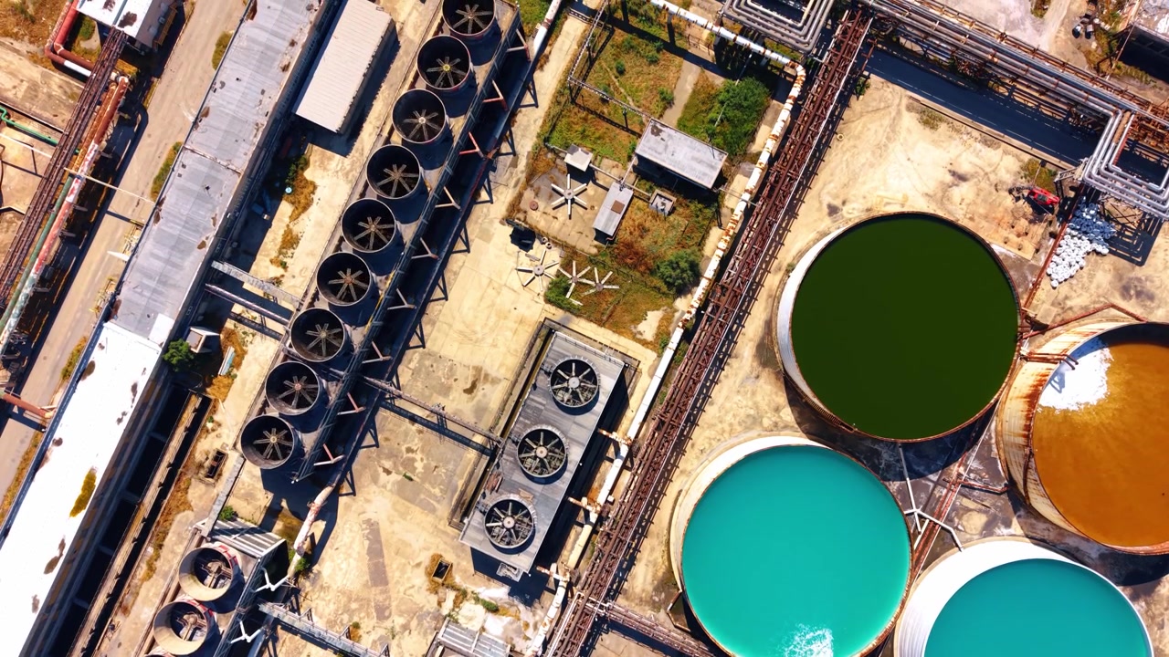 Top down aerial view of round storage tanks and ventilation fans. Circular reservoirs contain turquoise and green water alongside rows of cooling fans and metal pipes.