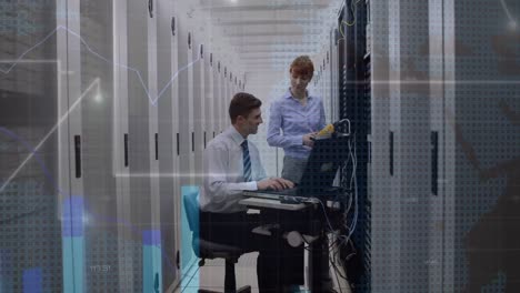 animation of digital data processing over two caucasian server room workers